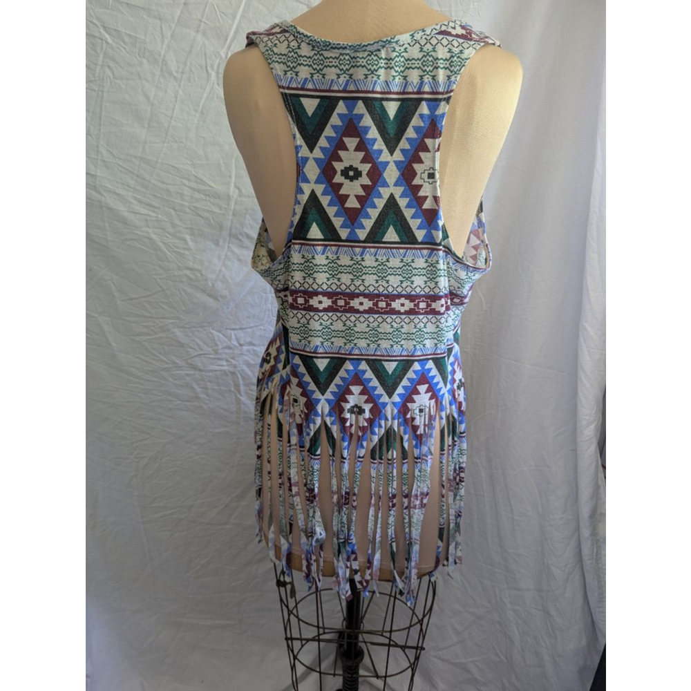 Vtg Southwestern Print Fringe Hem Tank Top Multicolor Racerback Boho Festival - Picture 3 of 5